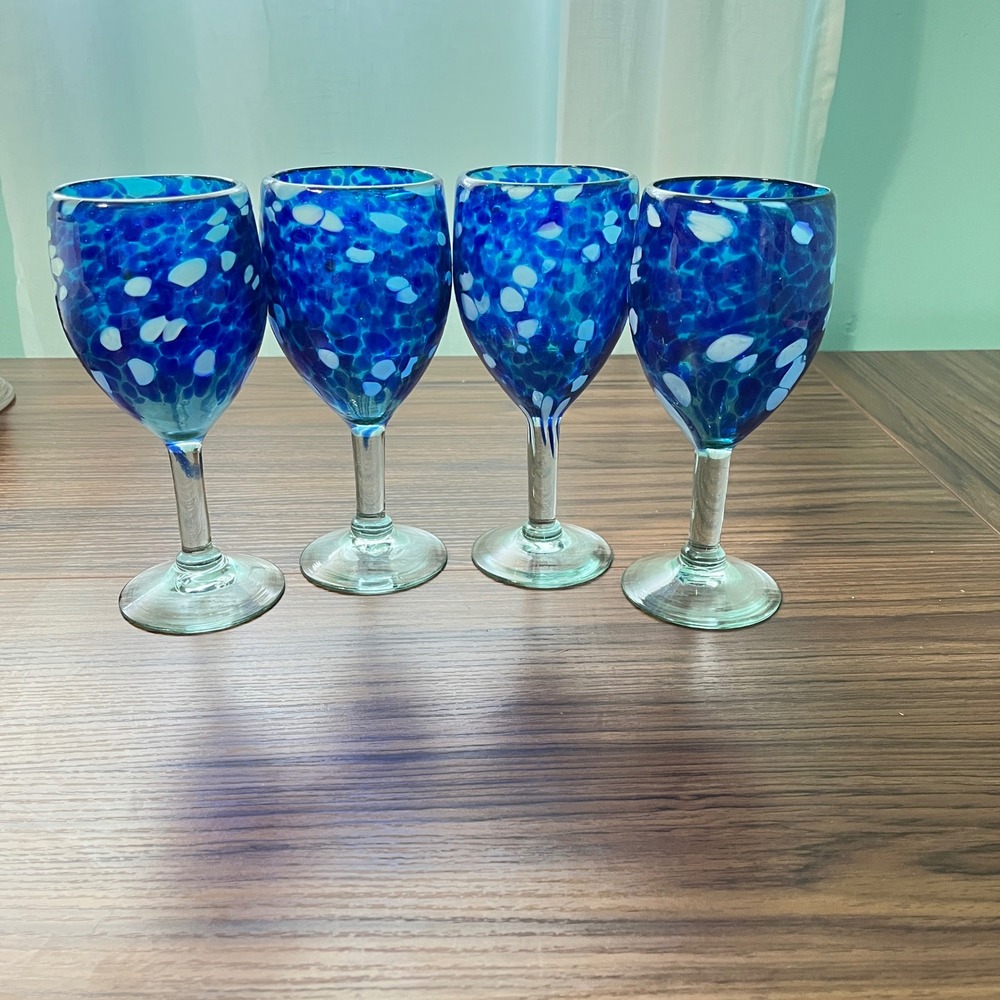 Unbranded Confetti Wine Goblets Set 4 Blue White Hand Blown Mexican Glass